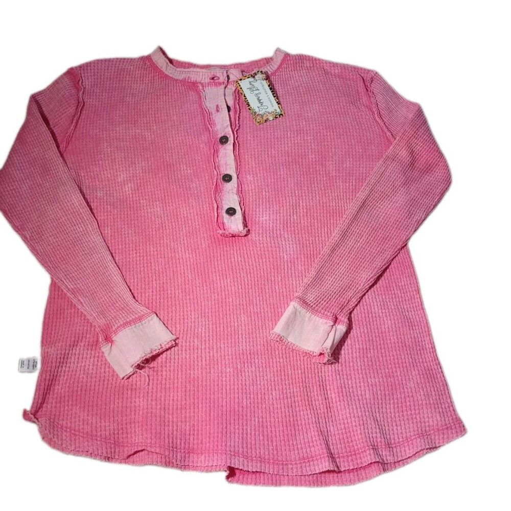 Zenana Women Small Pink Mineral Wash Waffle Knit Henley Top Long Sleeve Raw Hem